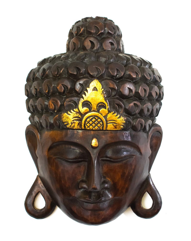 G6 Collection 12" Wooden Wall Mask Serene Buddha Head Statue Hand Carved Sculpture Handmade Figurine Gift Home Decor Accent Handcrafted Art Wall Hanging Decoration Buddha Face Mask, Black - Image 1